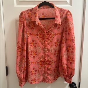 Floral Pink Orange Long Sleeve Women's Top Size Medium